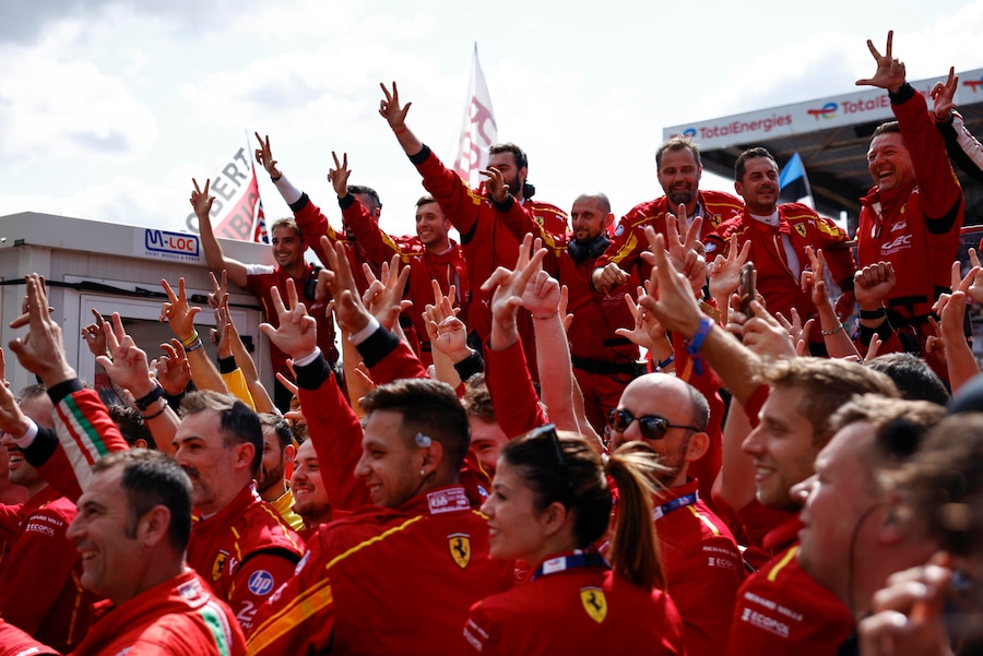 epa12177367 AF Corse mechanics (starting no.?83) celebrate winning the 93rd edition of the 24 Hours of Le Mans race in Le Mans with a Ferrari?499P, France, 15 June 2025. EPA/YOAN VALAT (EPA)