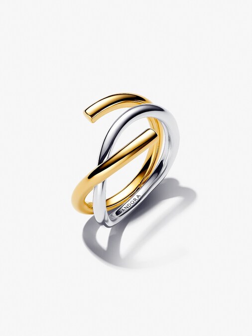 Pandora. Anello a fascia intrecciata aperta, bicolore in argento 925 e placcato oro 14 ct