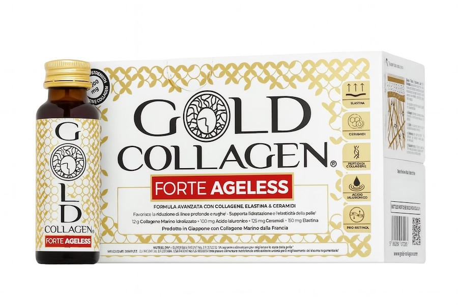 Gold Collagen Forte Ageless – Integratore liquido anti-age a base di collagene marino idrolizzato, elastina, acido ialuronico, ceramidi e pro-retinolo. La formula avanzata aiuta a ridurre rughe e linee profonde, migliora l’elasticità cutanea e sostiene l’idratazione della pelle dall’interno