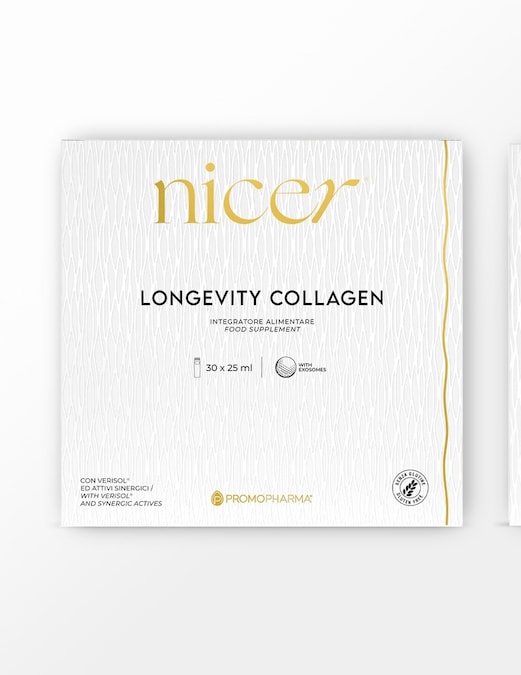 Nicer Longevity Collagen – PromoPharma Integratore alimentare in formula liquida, pensato per sostenere la bellezza della pelle nel tempo grazie all’azione combinata di collagene Verisol®, attivi sinergici ed esosomi, innovativi vettori cellulari che favoriscono un assorbimento mirato. Ideale per migliorare tono, compattezza e luminosità cutanea dall’interno. La confezione contiene 30 flaconcini da 25 ml. Senza glutine