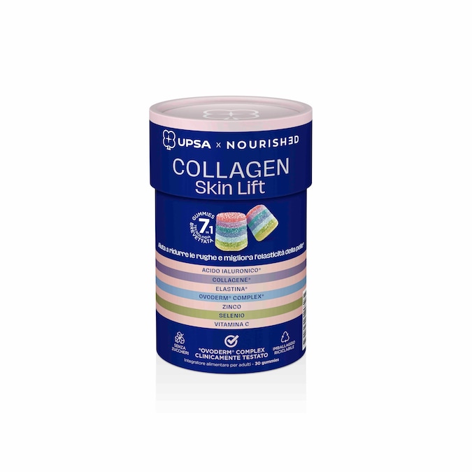 UPSA x Nourished – Collagen Skin Lift Integratore alimentare in formato gummy a base di 7 attivi chiave per il benessere della pelle: collagene, elastina, acido ialuronico, complesso Ovoderm® clinicamente testato, zinco, selenio e vitamina C. Aiuta a migliorare l’elasticità cutanea e a ridurre visibilmente le rughe, con un approccio pratico e piacevole. Contiene 30 gummies per un mese di trattamento