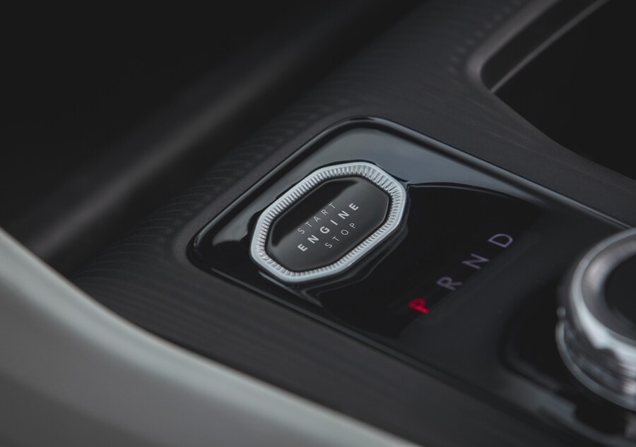 A close-up photo of the 2026 Jeep® Cherokee Overland’s push-button start (© 2025 Stellantis)
