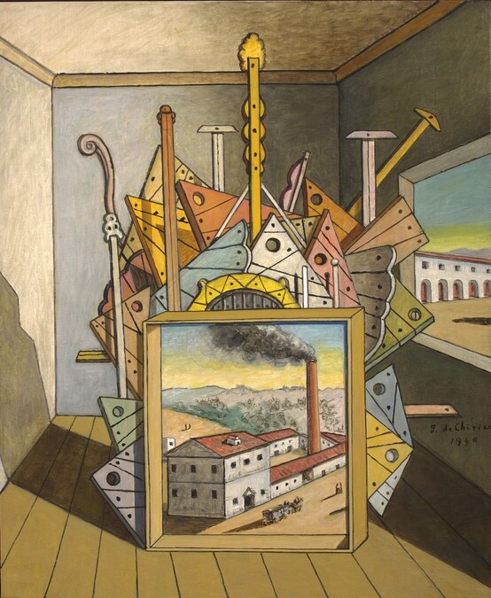 Giorgio de Chirico, Interno metafisico con officina e vista sulla piazza, 1969. Olio su tela, (inv. 298), Fondazione Giorgio e Isa de Chirico © Giorgio de Chirico, by SIAE 2025