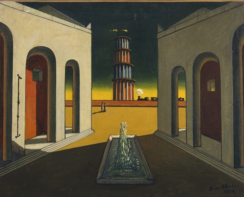 Giorgio de Chirico, Piazza d’Italia con fontana, 1965 ca. Olio su tela, cm 40x50 (inv. 4), Fondazione Giorgio e Isa de Chirico © Giorgio de Chirico, by SIAE 2025