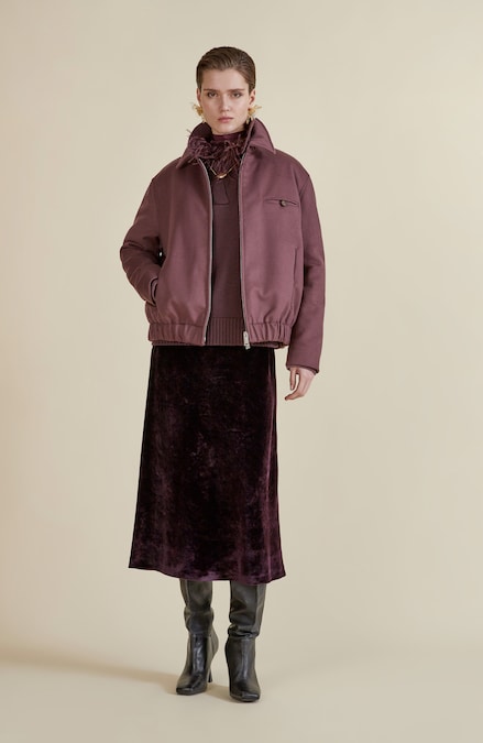 Slowear. Bomber in panno di lana e cashmere, pullover collo alto in lana, gonna longuette in velluto