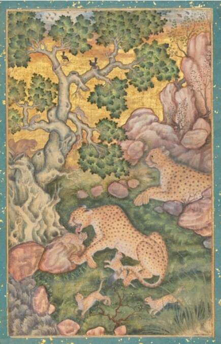 A FAMILY OF CHEETAHS IN A ROCKY LANDSCAPE ATTRIBUTED TO BASAWAN, MUGHAL INDIA, CIRCA 1575-80, Price realised GBP 10,245,000 Estimate GBP 700,000 – GBP 1,000,000