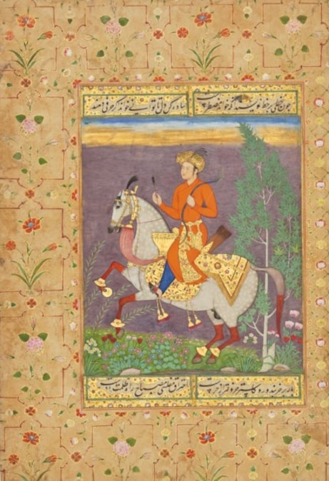 A PRINCE HAWKING THE PAINTING ATTRIBUTED TO MUHAMMAD ALI, MUGHAL INDIA, CIRCA 1610; THE MARGINS MUGHAL INDIA, CIRCA 1650-58 , Price realised GBP 3,954,000 Estimate GBP 700,000 – GBP 1,000,000
