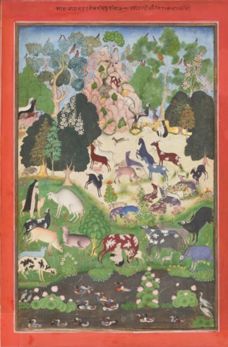 ANIMALS AND ASCETICS IN A LANDSCAPE GOLCONDA, DECCAN, INDIA, CIRCA 1690, Price realised GBP 1,758,000 Estimate GBP 200,000 – GBP 300,000