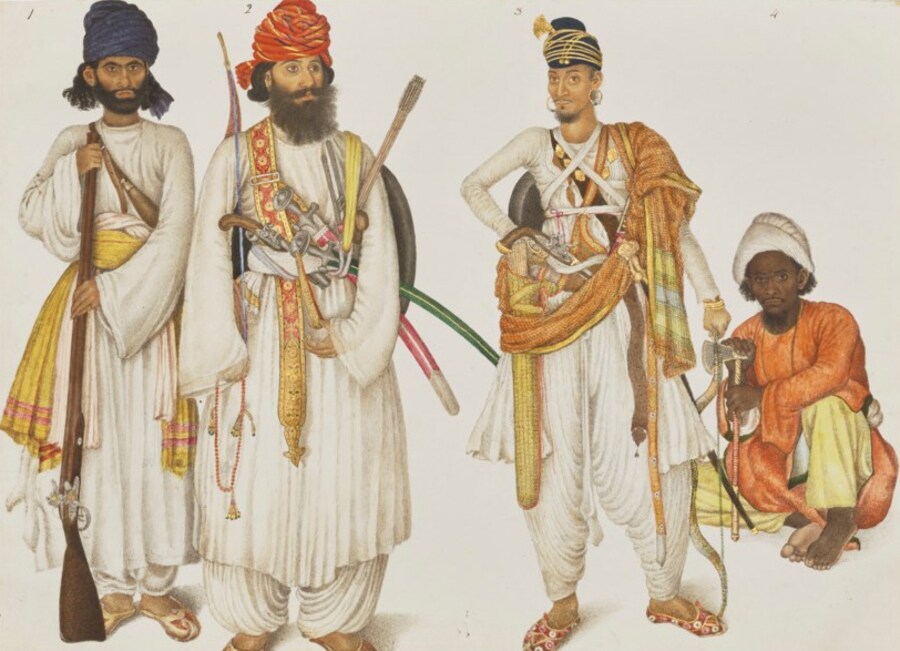 FOUR TRIBESMEN BY A MASTER OF THE FRASER ALBUM, DELHI, INDIA, CIRCA 1816-20, Price realised GBP 1,636,000 Estimate GBP 350,000 – GBP 450,000