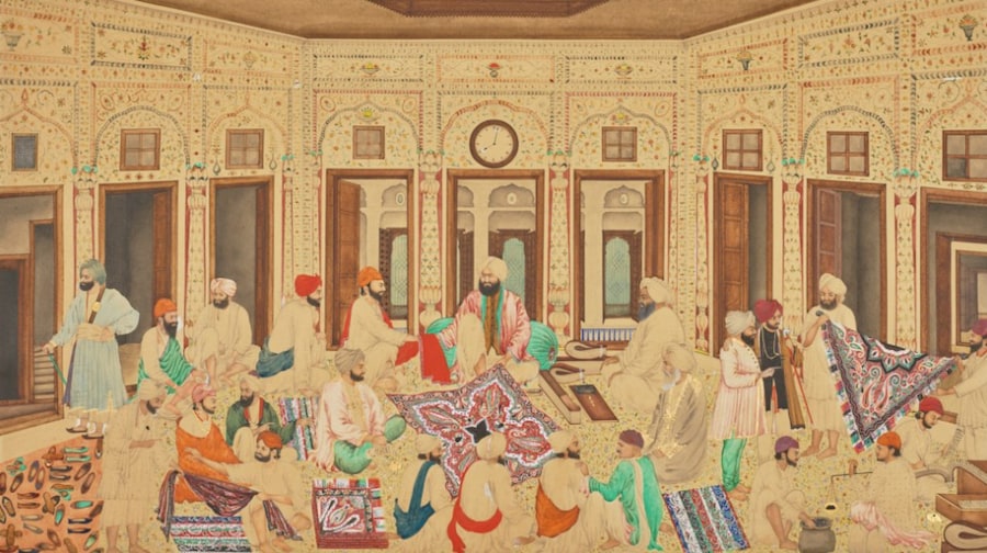 TRADERS EVALUATING SHAWLS IN THE HOUSE OF THE BROKER (MUQIM) ATTRIBUTABLE TO BISHAN SINGH, PROBABLY AMRITSAR, NORTH INDIA, 1866-67, GBP 495,300 Estimate GBP 80,000 – GBP 120,000