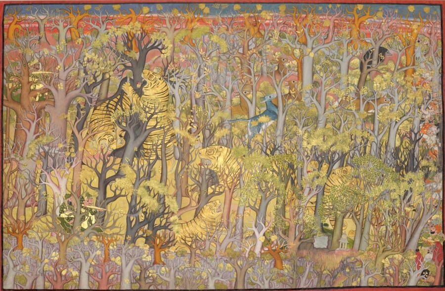 MAHARAO UMED SINGH (R.1771-1819) AND ZALIM SINGH HUNTING TIGERS SIGNED BY SHAYKH TAJU, KOTAH, RAJASTHAN, INDIA, DATED SAMVAT 38 / 1781 AD, Price realised GBP 5,052,000 Estimate GBP 200,000 – GBP 300,000