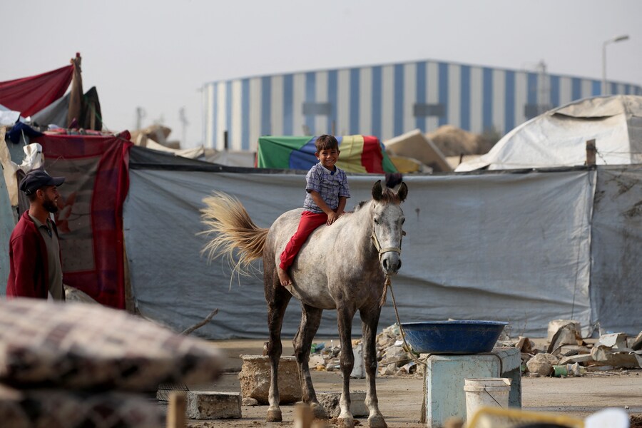 Un ragazzo palestinese siede su un cavallo vicino a un rifugio di fortuna nel campo profughi di Nuseirat, nella Striscia di Gaza centrale, il 9 novembre 2025, dopo la tregua promossa dagli Stati Uniti che ha fermato la guerra di due anni. La prima fase dell'accordo per il cessate il fuoco a Gaza, mediato il mese scorso dal Presidente degli Stati Uniti, ha aperto la strada allo scambio di ostaggi israeliani e prigionieri palestinesi. (Foto di Eyad Baba / AFP) (AFP)