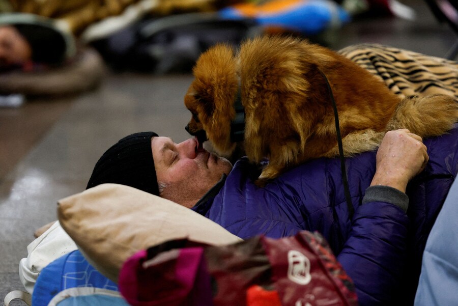 Un uomo con il suo cane domestico si ripara all'interno di una stazione della metropolitana durante un attacco notturno di missili e droni russi, in mezzo all'attacco della Russia all'Ucraina, a Kyiv, Ucraina, 6 dicembre 2025. REUTERS/Alina Smutko (REUTERS)