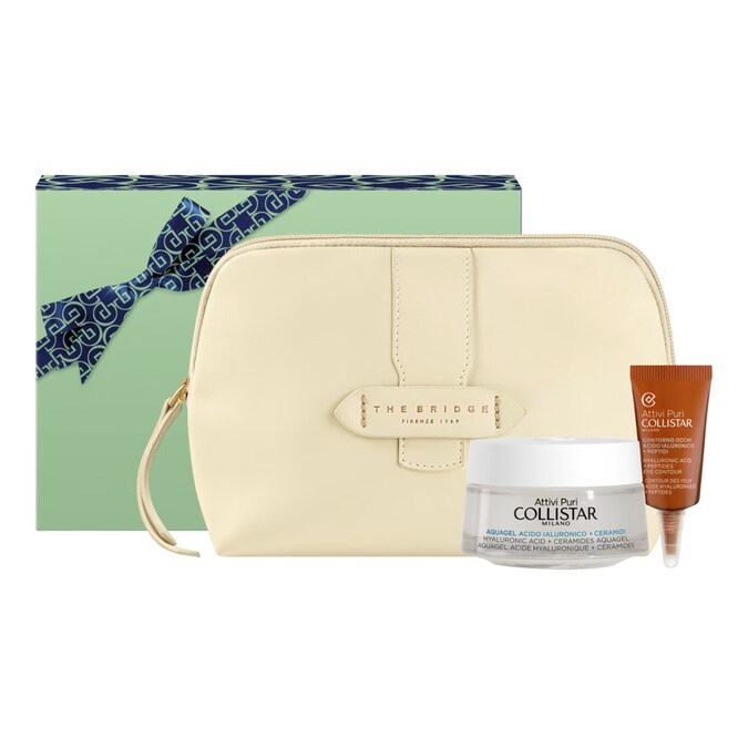 Cofanetto Collistar Pelle Liftata e Idratata con beauty bag The Bridge: un incontro tra trattamento e stile che abbina l’Aquagel Acido Ialuronico + Ceramidi, per un’idratazione profonda e una pelle più elastica e compatta, al Contorno Occhi Attivi Puri con acido ialuronico e peptidi, pensato per illuminare e levigare lo sguardo. La beauty bag firmata The Bridge, dalle linee essenziali e dall’estetica senza tempo, completa una proposta elegante e funzionale.