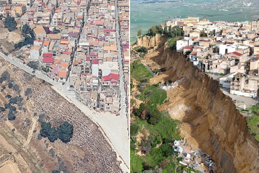 (COMBO) Niscemi ripresa da Google Earth nel 2025 (S) confrontata con una foto aerea scattata il 26 gennaio 2026 (D). ANSA/GOOGLE EARTH ROSARIO CAUCHI + ATTENZIONE LA FOTO NON PUO' ESSERE PUBBLICATA O RIPRODOTTA SENZA L'AUTORIZZAZIONE DELLA FONTE DI ORIGINE CUI SI RINVIA + NPK (ANSA)