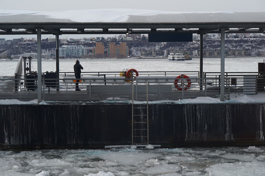 I traghetti privati della NY Waterway vengono trainati da un rimorchiatore attraverso i banchi di ghiaccio del fiume Hudson tra il New Jersey e New York City, come si vede dal molo 78 dell'Hudson River Park a New York City, Stati Uniti, il 27 gennaio 2026. Foto scattata attraverso il vetro. REUTERS/Bing Guan (REUTERS)