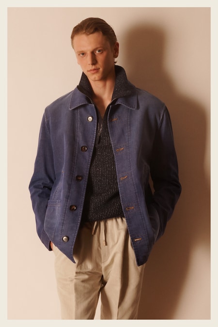 Brioni. Overjacket in canvas di cotone con asole e bottoni a contrasto