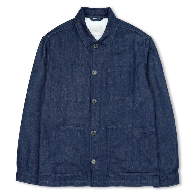 Brooksfield. Giacca in denim di cotone e lino, con collo a camicia e macro tasche