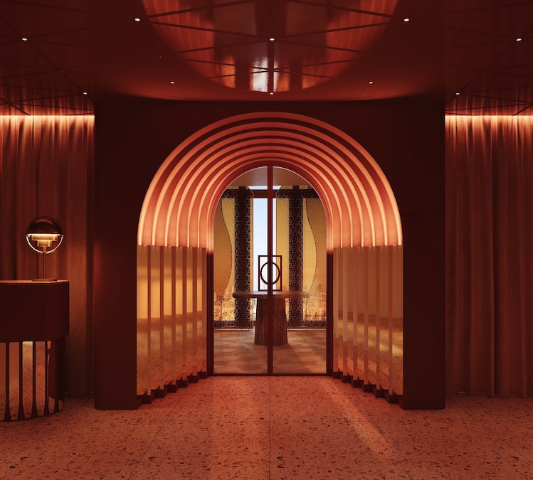 Render del ristorante panoramico MIA. Ingresso