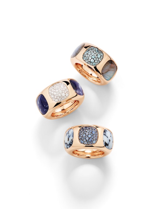 Riedizione degli anelli Bisanzio, in oro con pavé di diamanti e labradorite, POMELLATO (pezzo unico di 16 combinazioni).