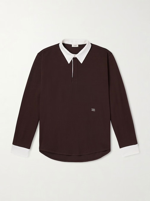 Celine. In jersey cotone maglia rasata con colletto e polsini a camicia in contrasto