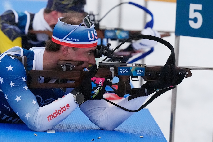 Paul Schommer, degli Stati Uniti, partecipa a una sessione di allenamento di biathlon alle Olimpiadi invernali del 2026 ad Anterselva, in Italia, venerdì 6 febbraio 2026. (AP Photo/Andrew Medichini/Associated Press/ LaPresse/APS)
