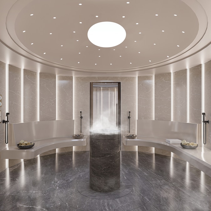 Un ambiente della Spa del Grand Hotel Ampezzo, storica struttura degli anni Venti appena riaperta e dotata delle più innovative tecnologie. Sviluppata su oltre 1.000 mq, ha aree per i trattamenti, saune, ice room, hammam, calidarium e una zona piscina.