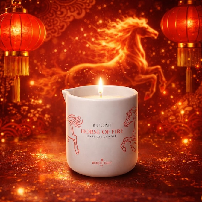 Kuoni Candle Horse Of Fireworld Of Beauty – Limited Edition. Un rituale sensoriale che celebra forza ed energia vitale. Questa candela sprigiona un mix aromatico di lime, lemongrass, arancio e verbena, arricchito da estratto di ginseng dalle proprietà tonificanti. Accesa, la candela si trasforma in un olio da massaggio caldo e avvolgente, composto per il 99% da ingredienti naturali, che nutre la pelle e la lascia morbida, vellutata e rigenerata.