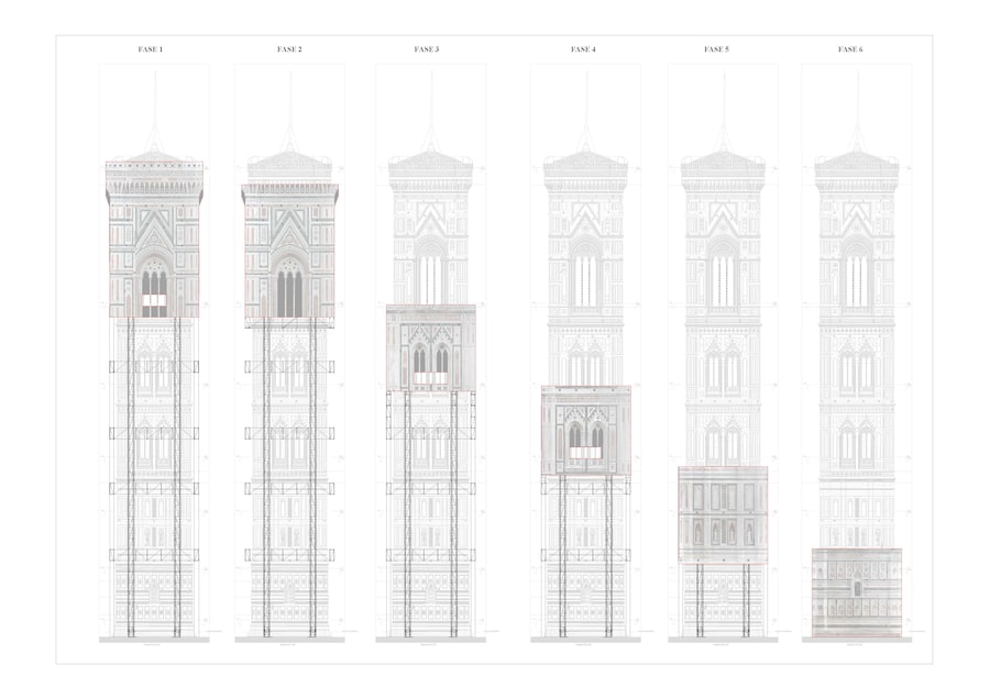 Progetto del ponteggio del cantiere di restauro del Campanile di Giotto - Courtesy Opera di Santa del Fiore/TSA Tecno System Appalti, Roma