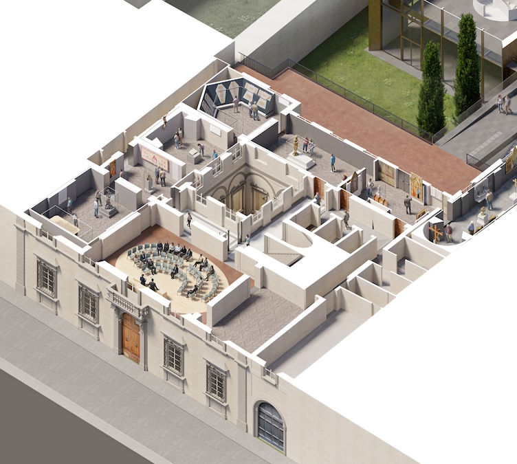 Vista dall’alto dell’area di ampliamento del Museo dell’Opera del Duomo e rendering del primo piano - Courtesy Opera di Santa del Fiore/Guicciardini & Magni Architetti