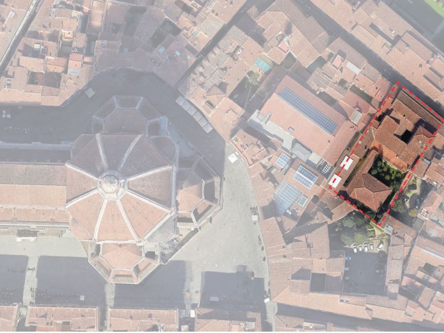 Vista dall’alto dell’area di ampliamento del Museo dell’Opera del Duomo e rendering del primo piano - Courtesy Opera di Santa del Fiore/Guicciardini & Magni Architetti