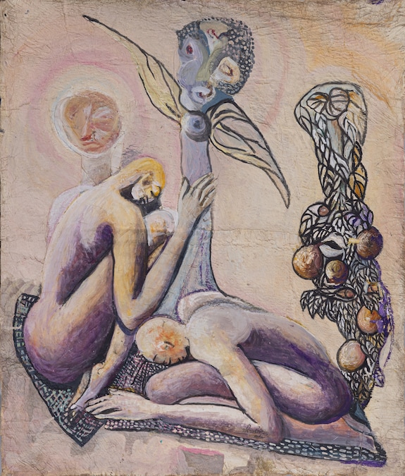 Les dévots du soleil - 2017 - 108 x 91 cm. Acrylic on tree bark. Courtesy of Galerie Cécile Fakhoury