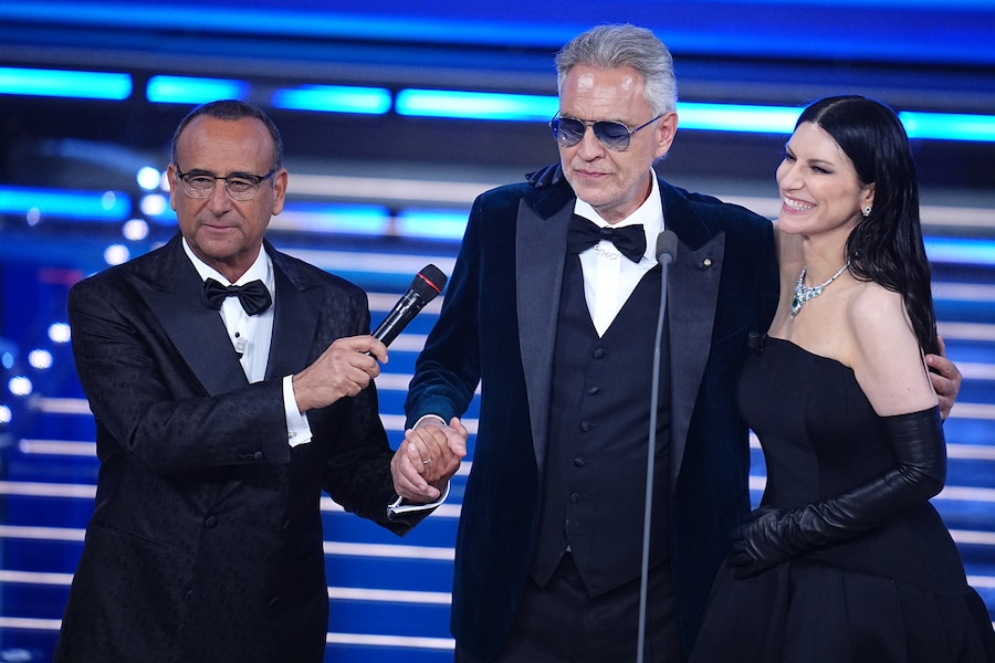 Carlo Conti, Andrea Bocelli e Laura Pausini. (LAPRESSE)