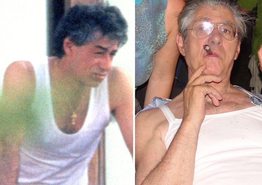 Una foto del 1994 del leader della Lega Umberto Bossi (S) e una del 2011 sempre in canottiera (d) a Trescore Cremasco. (ANSA)