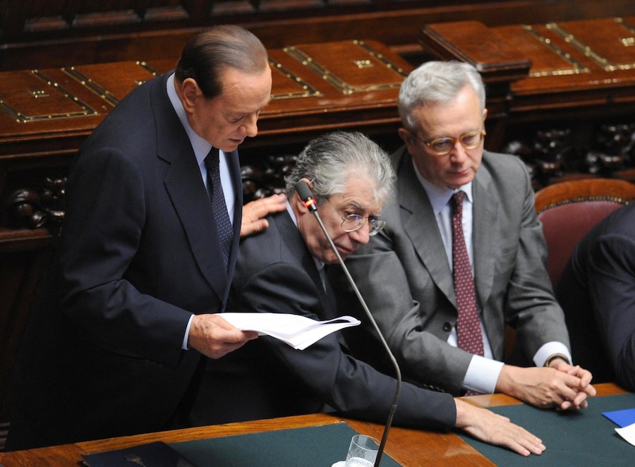 Silvio Berlusconi, Umberto Bossi, Giulio Tremonti. 13 ottobre 2011. (ANSA)