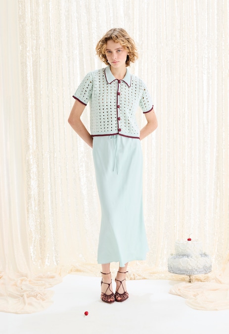 Forte Forte. Cardigan crochet fatto amano in cotone con dettagli in viscosa lucida e gonna in twill di viscosa