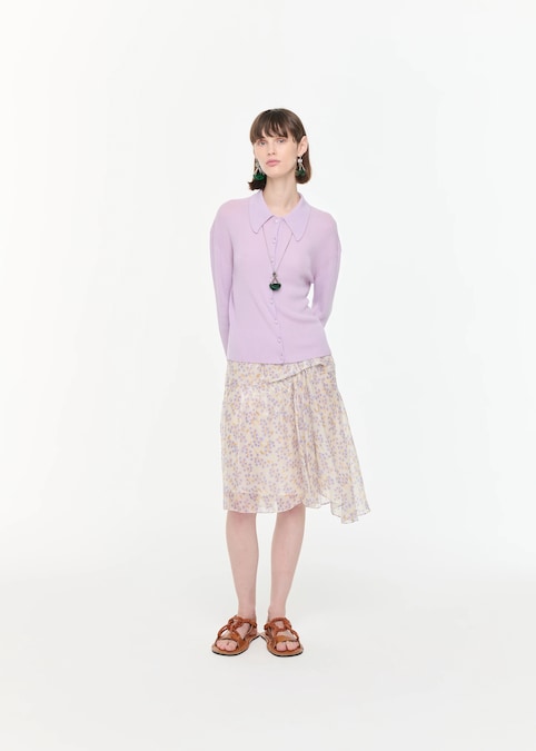 Plan C. Cardigan con collo a camicia, gonna in voile di seta stampata