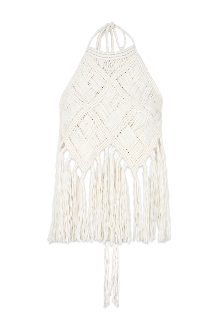 Peserico. Top in filato intrecciato effetto telaio con frange