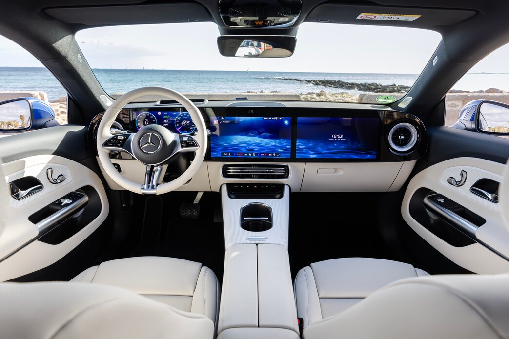 Test Drive All-New Electric GLB & CLA Shooting Brake, Majorca, Spain 2026 Mercedes-Benz CLA 250+ Shooting Brake mit EQ Technologie | Energieverbrauch kombiniert: 15,0-12,7 kWh/100 km | CO2-Emissionen kombiniert: 0 g/km | CO2-Klasse: A EXTERIEUR: klarblau mit Metalliclack; INTERIEUR: Ledernachbildung ARTICO ivory beige // Mercedes-Benz CLA 250+ Shooting Brake with EQ Technology | energy consumption combined: 15.0-12.7 kWh/100 km | CO2 emissions combined: 0 g/km | CO2 class: A EXTERIEUR: sheer blue metallic ; INTERIEUR: ARTICO nappa-look ivory beige