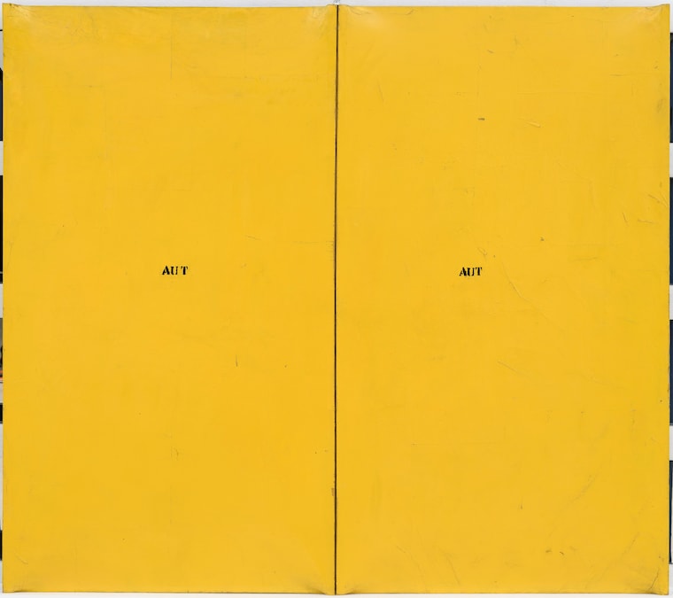 Mario Schifano Aut Aut , 1960 smalto su carta applicata su tela, 150 × 170 × 5 cm Collezione Galassi Ferrari Foto Giorgio Benni (MARIO SCHIFANO, by SIAE © Archivio Mario Schifano)