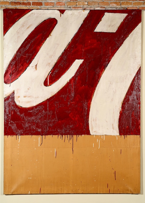 Mario Schifano Grande particolare di propaganda , 1962 smalto e grafite su carta applicata su tela, 189 × 150 cm Collezione privata (MARIO SCHIFANO, by SIAE © Archivio Mario Schifano)