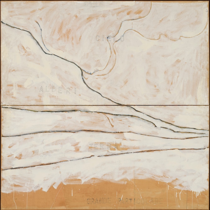 Mario Schifano Grande particolare, 1963 smalto, pastello e grafite su carta applicata su tela, 200 × 200 cm, dittico Collezione Valsecchi Foto Giorgio Benni (MARIO SCHIFANO, by SIAE © Archivio Mario Schifano)