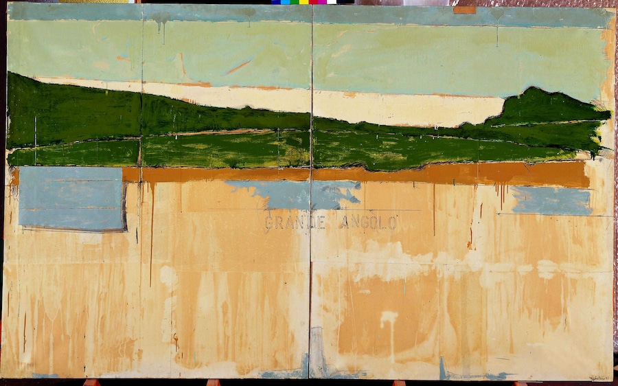 Mario Schifano Grande angolo , 1963 smalto e grafite su carta applicata su tela, 160 × 260 cm, dittico Collezione privata, Roma Foto Paolo Terzi (MARIO SCHIFANO, by SIAE © Archivio Mario Schifano)