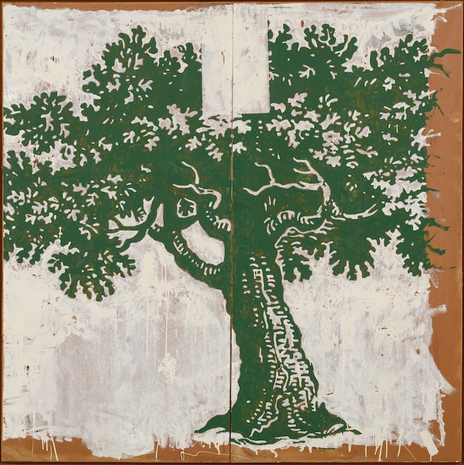 Mario Schifano Senza titolo (Beebe’s tree) , 1963 smalto e grafite su carta applicata su tela, 200 × 200 cm, dittico Collezione privata Foto Giorgio Benni (MARIO SCHIFANO, by SIAE © Archivio Mario Schifano)