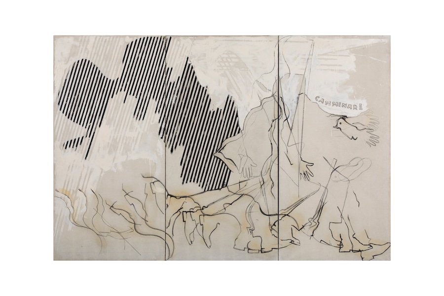 Mario Schifano Camminare, 1965 smalto e grafite su tela, 200 × 300 cm, trittico Collezione privata. Courtesy Gió Marconi Gallery, Milano Foto Fabio Mantegna (MARIO SCHIFANO, by SIAE © Archivio Mario Schifano)