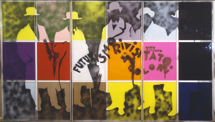 Mario Schifano Futurismo rivisitato a colori, 1965 spray e perspex su tela, 177,3 × 307 cm, trittico Collezione privata (MARIO SCHIFANO, by SIAE © Archivio Mario Schifano)
