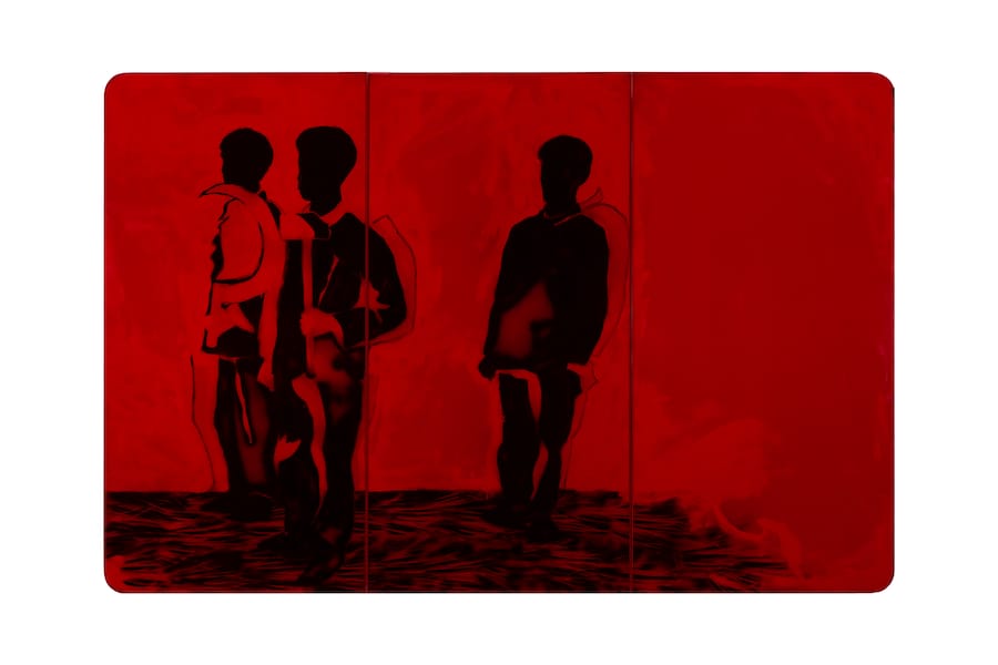 Mario Schifano Compagni compagni , 1968 spray, grafite e perspex su tela, 200 × 303 cm, trittico Collezione privata. Courtesy Gió Marconi Gallery, Milano Foto Fabio Mantegna (MARIO SCHIFANO, by SIAE © Archivio Mario Schifano)