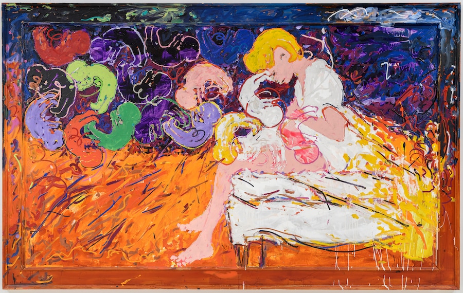 Mario Schifano Il parto numeroso della moglie del collezionista , 1984 smalto e acrilico su tela e cornice, 235 × 375 cm Collezione Valsecchi Foto Giorgio Benni (MARIO SCHIFANO, by SIAE © Archivio Mario Schifano)