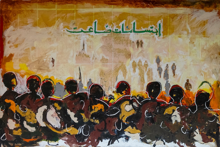 Mario Schifano Sorrisi scomparsi , 1991 tecnica mista su tela, 220 × 350 cm Collezione Calabresi (MARIO SCHIFANO, by SIAE © Archivio Mario Schifano)