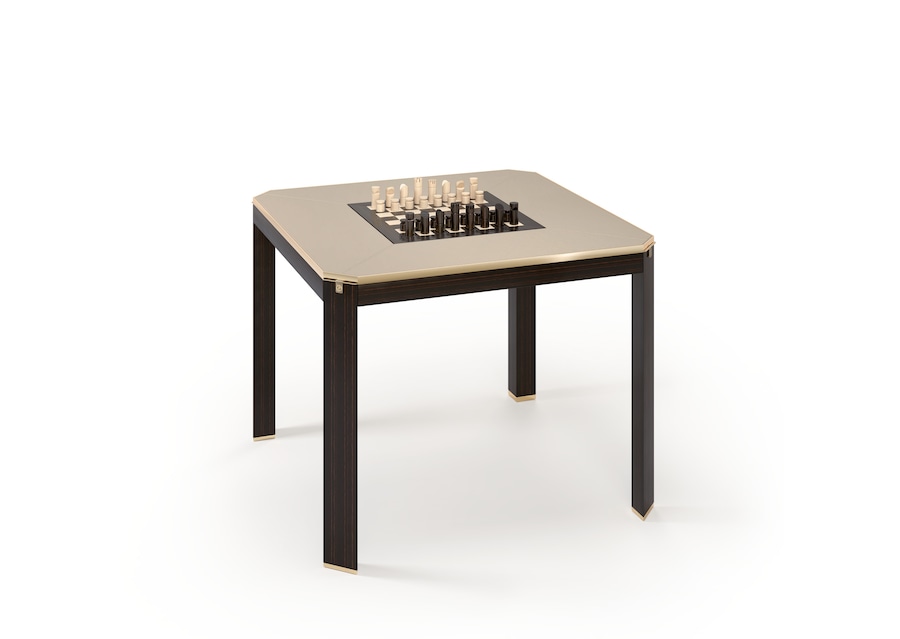 Tavolo da giococon scacchiera a scomparsa, in legno di ebano amara e in pelle color tortora, bordo satinato, ARMANI/CASA.